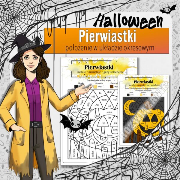 Podstawy chemii: Położenie pierwiastków w układzie okresowym - Kolorowanka naukowa (chemia, kl 7). Halloween.
