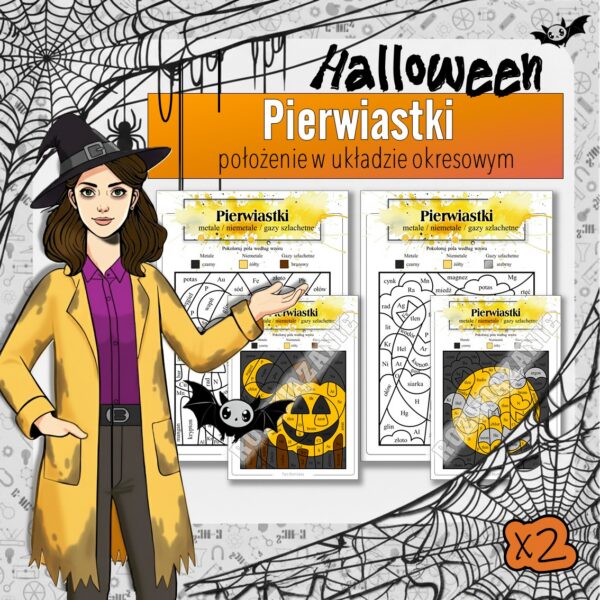 Podstawy chemii: Położenie pierwiastków w układzie okresowym - Kolorowanka naukowa (chemia, kl 7). Halloween.