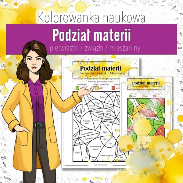 Podstawy chemii: Podział materii - Kolorowanka naukowa (chemia, kl 7)