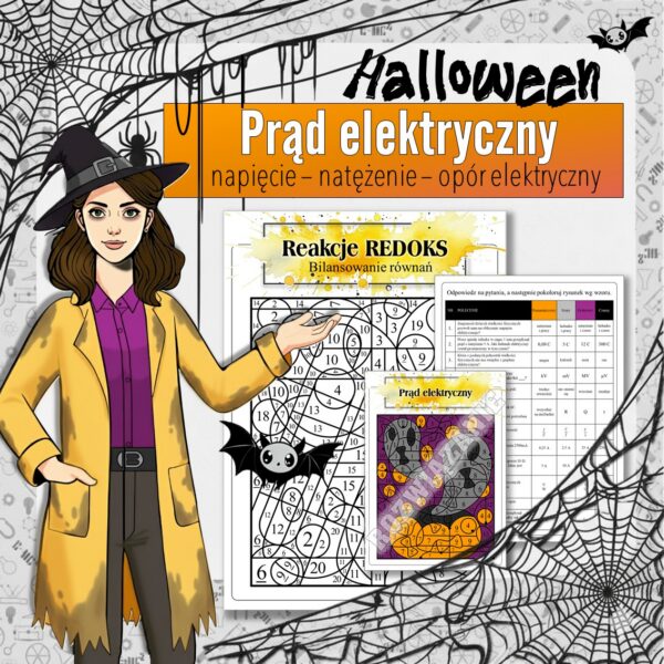 Elektryczność: Napięcie, natężenie i opór prądu elektrycznego - Kolorowanka naukowa (fizyka, kl 8). Halloween.