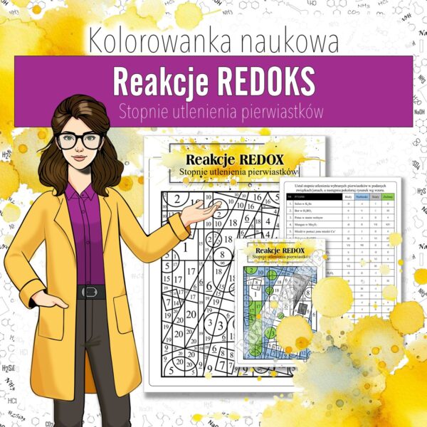 Reakcje REDOKS: Ustalanie stopni utlenienia pierwiastków - Kolorowanka naukowa (chemia, szkoła średnia)