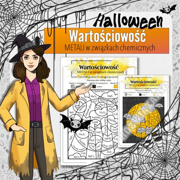 Podstawy chemii: Wartościowość metali w związkach chemicznych - Kolorowanka naukowa (chemia, kl 7/8). Halloween.