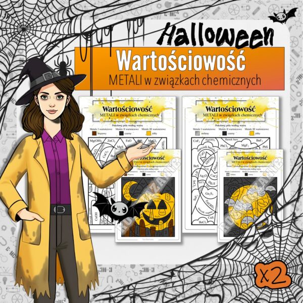 Podstawy chemii: Wartościowość metali w związkach chemicznych - Kolorowanka naukowa (chemia, kl 7/8). Halloween.
