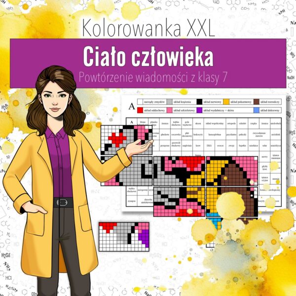 Organizm człowieka: Wszystkie układy i narządy zmysłów - Kolorowanka XXXL (biologia, kl 7)