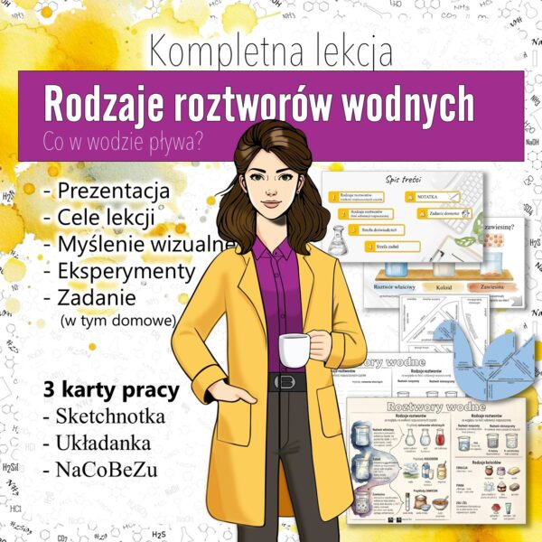 ZESTAW! Woda i roztwory: Rodzaje roztworów wodnych - Prezentacja, Sketchnotka, Tangram, Jajo Kolumna (chemia, kl 7).