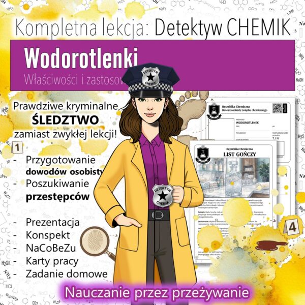 Okladka_ZESTAW_Detektyw_CHEMIK_Wodorotlenki ZESTAW! Wodorotlenki: Właściwości i zastosowania wodorotlenków - Prezentacja, Sketchnotka, Karta pracy (chemia, kl 7/8). Detektyw Chemik 🕵️♀️