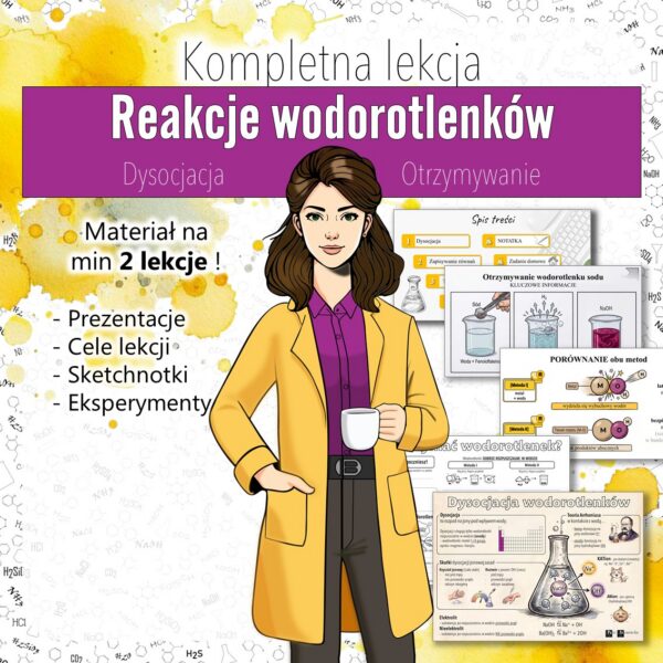 Okladka_ZESTAW_Reakcje_wodorotlenkow ZESTAW! Wodorotlenki: Reakcje wodorotlenków (dysocjacja, sposoby otrzymywania) - Prezentacja, Sketchnotka (chemia, kl 7).