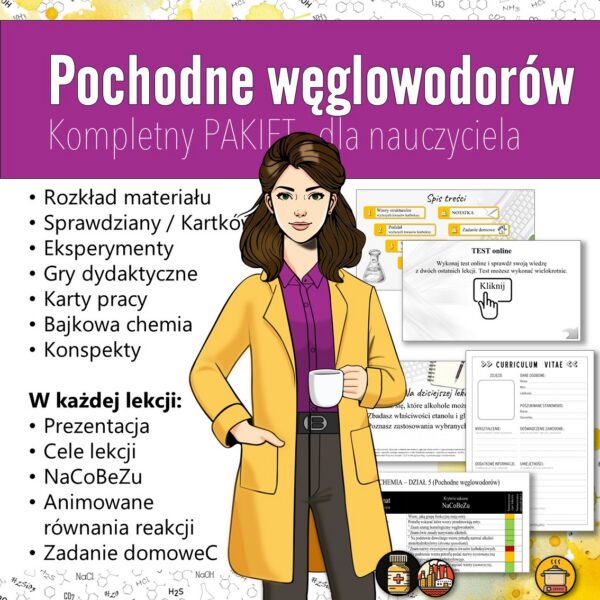 Okladka_PAKIET_Pochodne_weglowodorow Pochodne węglowodorów: Kompletny PAKIET materiałów do całego działu dla nauczyciela (chemia, kl 7/8).