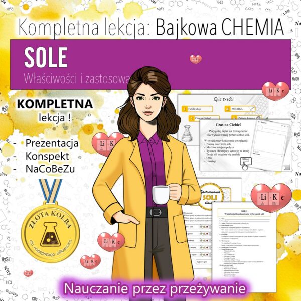 ZESTAW! SOLE: Właściwości i zastosowania soli - Prezentacja, Karta pracy (chemia, kl 8). Bajkowa chemia