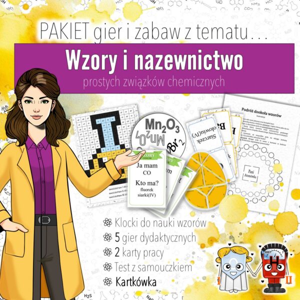 Wiązania i wzory: Wzory i nazewnictwo prostych związków chemicznych - PAKIET gier i zabaw (chemia, kl 7)
