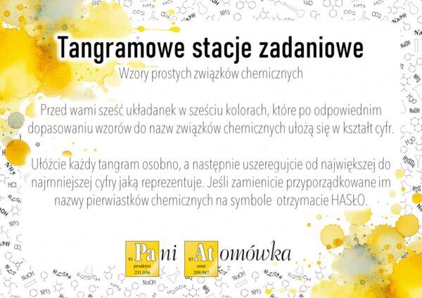 Wiązania i wzory: Wzory i nazewnictwo prostych związków chemicznych - Tangram, Tangramowe stacje zadaniowe (chemia, kl 7)