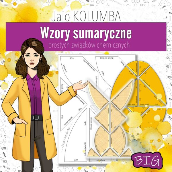 Okladka_Jajo_Kolumba_Wzory_sumaryczne_BIG Wiązania i wzory: Wzory i nazwy prostych związków chemicznych - Tangram, Jajo Kolumba (chemia, kl 7). Wielkanoc.