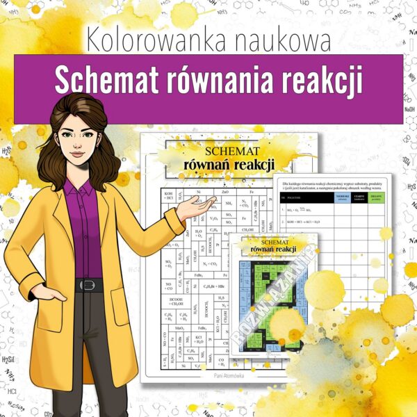 Reakcje i obliczenia chemiczne: Schemat równania reakcji chemicznej - Kolorowanka naukowa (chemia, kl 7)