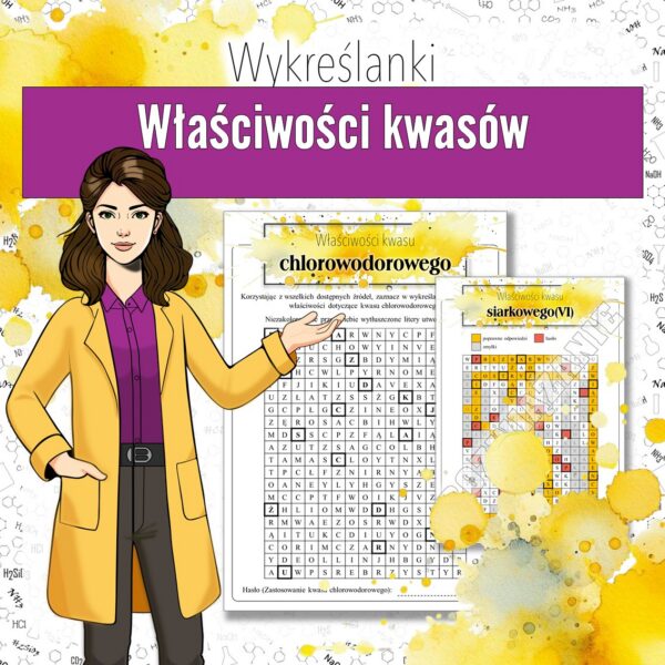 Chemia nieorganiczna: Właściwości i zastosowania kwasów - Wykreślanka (chemia, kl 7/8).
