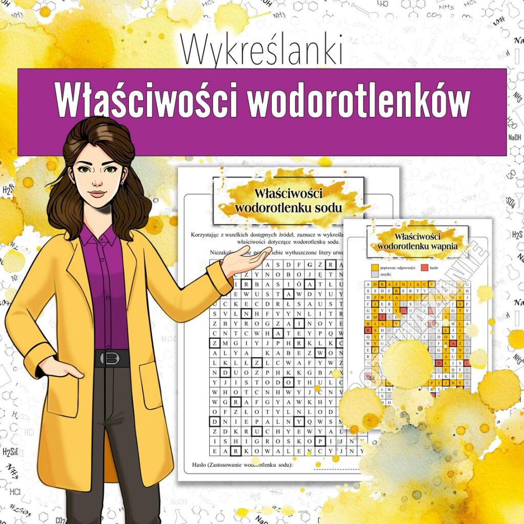 Wodorotlenki, chemia klasa 7 – Kreatywna karta pracy do druku | Właściwości i zastosowania wodorotlenków | Wykreślanka chemiczna