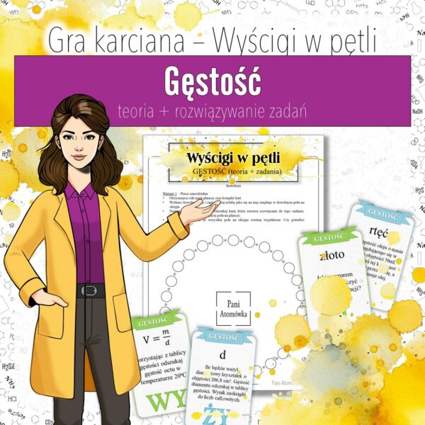 Okladka_Wyscigi_w_petli_Gestosc Podstawy chemii: Gęstość – Gra karciana, Wyścigi w pętli (chemia, kl 7 / fizyka kl 7).