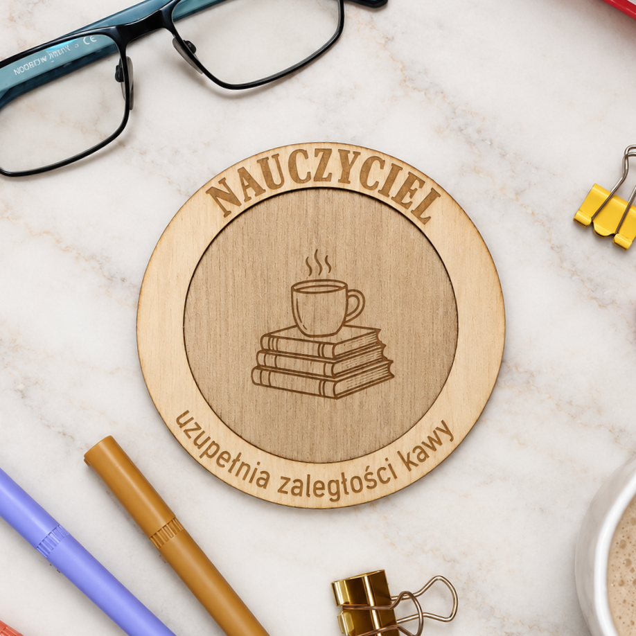 Prezent dla nauczyciela / wychowawcy - drewniana podkładka pod kubek „Nauczyciel” (Dzień nauczyciela, 14.10)