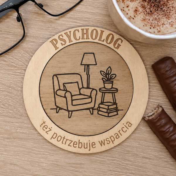 Prezent dla psychologa - drewniana podkładka pod kubek „PSYCHOLOG” (Dzień nauczyciela, 14.10)