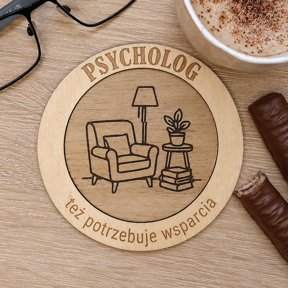 Prezent dla psychologa - drewniana podkładka pod kubek „PSYCHOLOG” (Dzień nauczyciela, 14.10)