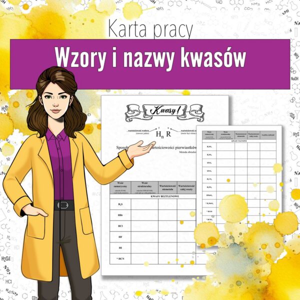 Okladka_Karta_pracy_Tabela_kwasow Kwasy, chemia klasa 8 – Karta pracy do druku | Wzory i nazwy kwasów | Tabela kwasów