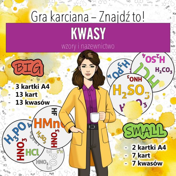 Kwasy, chemia klasa 8 – Gra dydaktyczna do druku | Wzory i nazwy kwasów | Znajdź to!