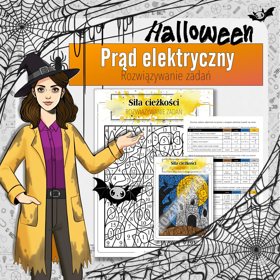 Prąd elektryczny - Karta pracy, Kolorowanka naukowa | Fizyka klasa 8 | Halloween