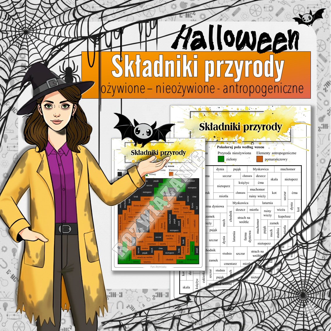 Składniki przyrody - Karta pracy, Kolorowanka naukowa | Przyroda klasa 4 | Halloween