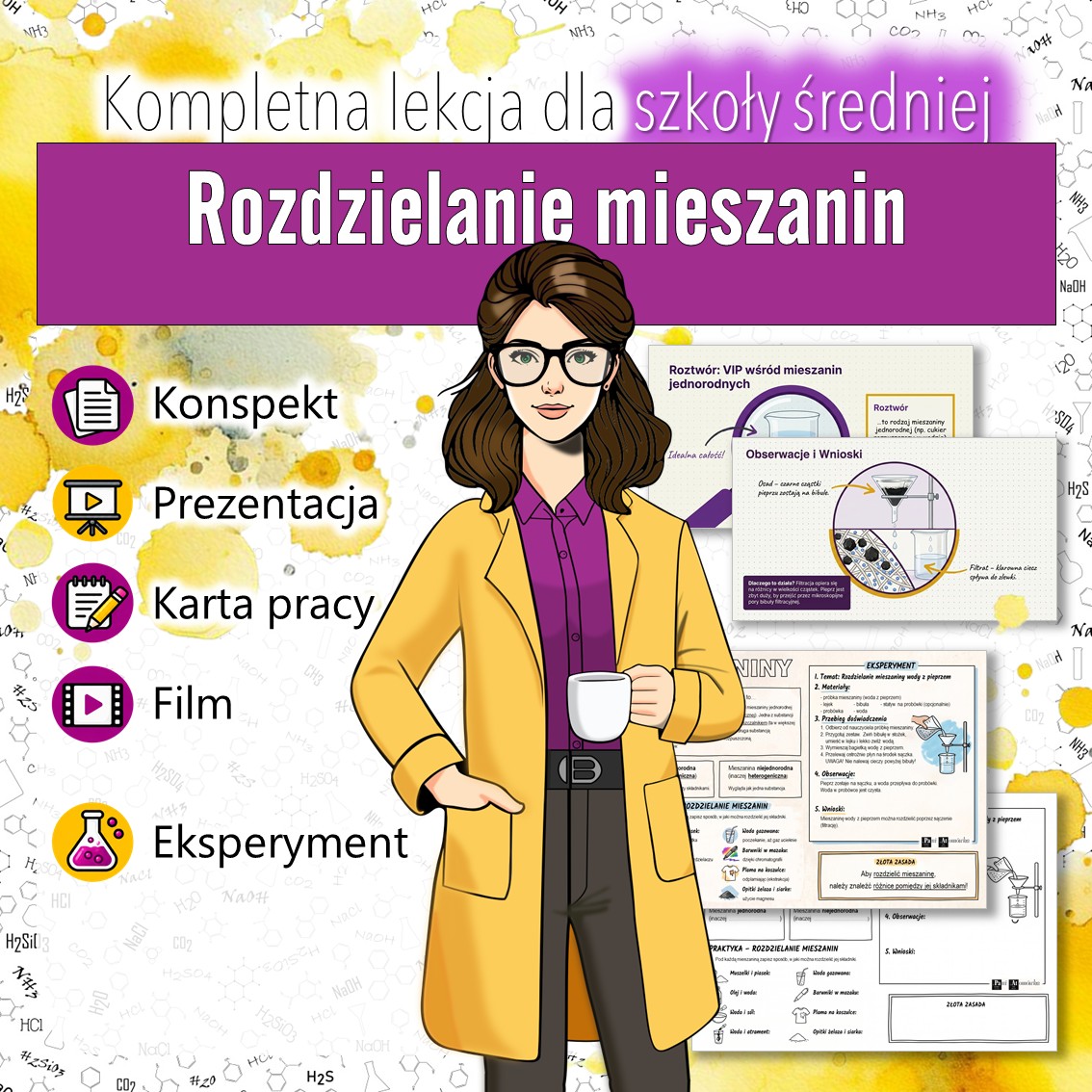 Rozdzielanie mieszanin - Lekcja chemii dla szkoły średniej | Konspekt, prezentacja, karta pracy i film